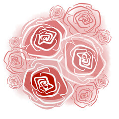 artistic multicolor floral Rose element in the style of line art wedding theme on a white background. Doodle and scribble. Pink and red Roses bud in bouquet for postcard and scrapbooking paper