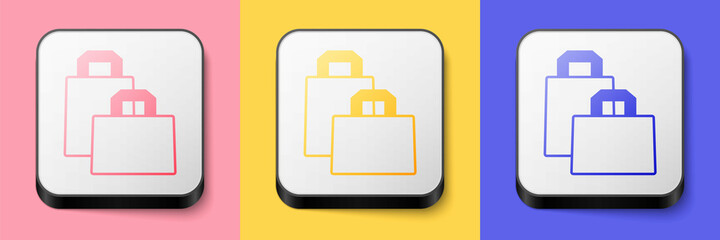 Isometric Paper shopping bag icon isolated on pink, yellow and blue background. Package sign. Square button. Vector