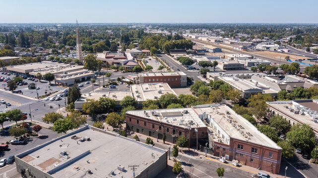 Daytime aerial view of the urban core of downtown Turlock, California, USA.