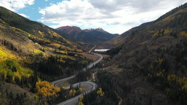 Aerial 4K footage of Million Dollar Highway (US 550) in the Rocky Mountains between Ouray and Silverton, Colorado