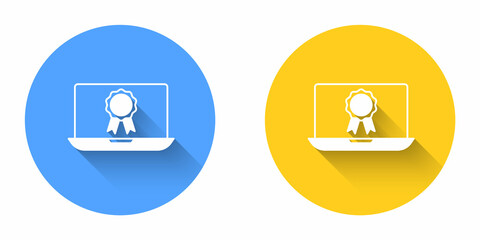 White Online education with diploma icon isolated with long shadow background. Diploma online at home. Webinar and video seminar learning. Circle button. Vector