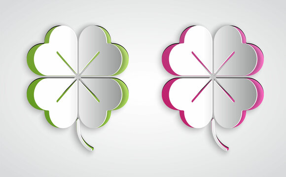 Paper cut Four leaf clover icon isolated on grey background. Happy Saint Patrick day. Paper art style. Vector