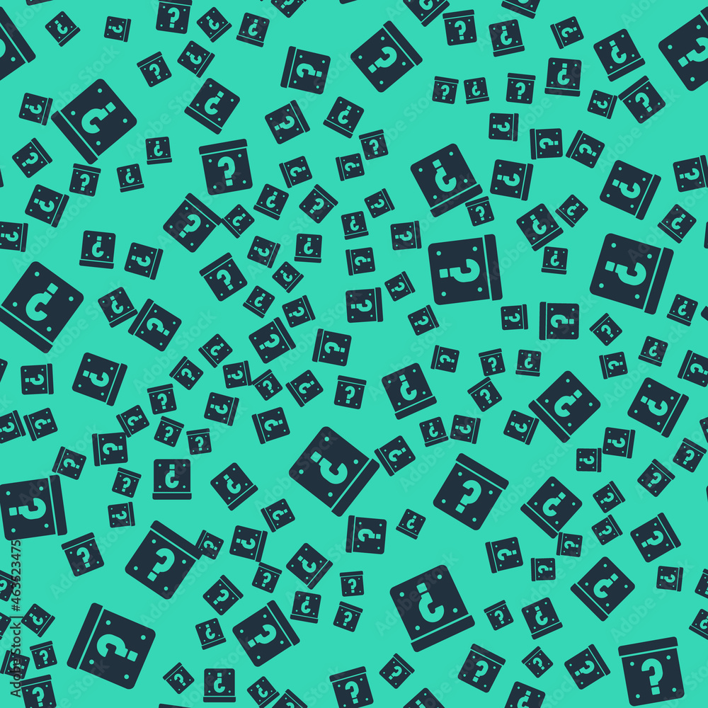 Poster black mystery box or random loot box for games icon isolated seamless pattern on green background. q