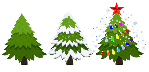 Fototapeta premium Set of Christmas trees. Green Christmas tree, fir tree with snow and decorations. Star and Christmas garlands on the tree