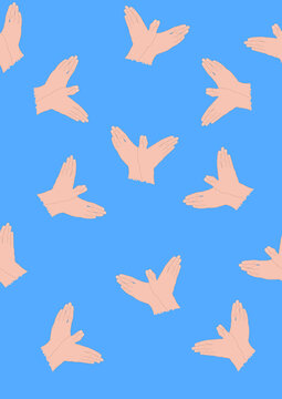 Seamless Pattern of Vector Illustration of a Birds Hand Signs Flying on a Blue Background