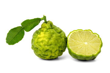 bergamot and halved fresh kaffir lime isolated on white background