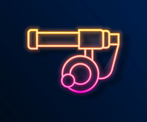 Glowing neon line Fishing rod icon isolated on black background. Catch a big fish. Fishing equipment and fish farming topics. Vector