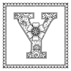 Letter Y made of flowers in mehndi style. coloring book page. outline hand-draw vector illustration.