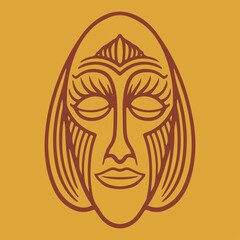 Modern art ethnic african face mask design hand drawn isolated on yellow background. Vector illustration tribal vintage ancient mask
