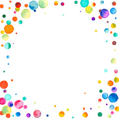 Watercolor confetti on white background. Admirable rainbow colored dots. Happy celebration square colorful bright card. Radiant hand painted confetti.