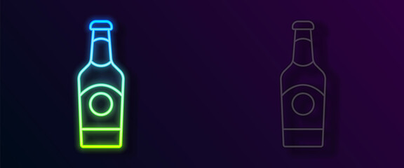 Glowing neon line Beer bottle icon isolated on black background. Vector
