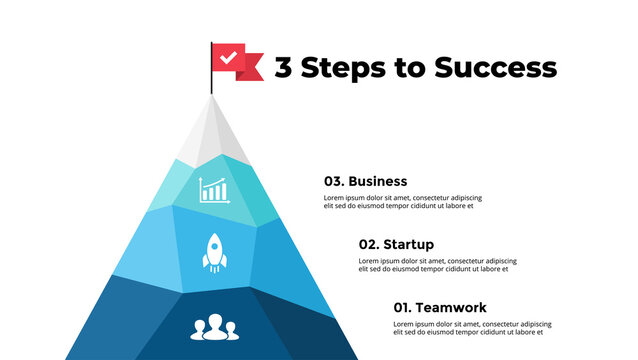 Route to success infographic. Mountain peak. Presentation slide template. Diagram chart with 3 steps, processes. 