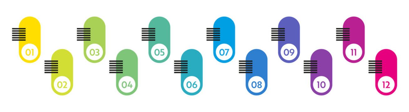 Bullet Points Numbers. Colorful List Markers From 1 To 12. Vector Design Elements Set For Modern Infographic.