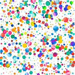 Watercolor confetti on white background. Admirable rainbow colored dots. Happy celebration square colorful bright card. Fine hand painted confetti.