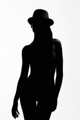 Female silhouette. Naked Girl in Hat. Black and white contour