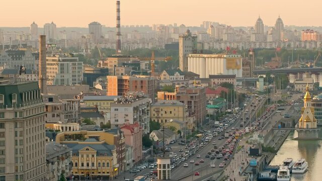 Top view of Podol district and Dnipro river in Kyiv, Ukraine