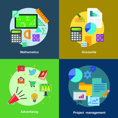 Mathematics, accounts, advertising, project management flat concept vector collection design - obrazy, fototapety, plakaty