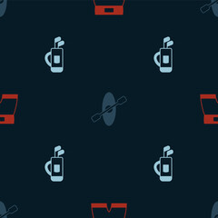 Set Boxing short, Kayak and paddle and Golf bag with clubs on seamless pattern. Vector