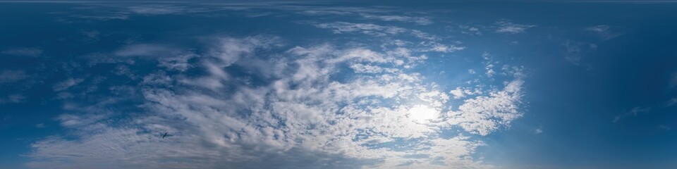 Obraz premium Blue sky panorama with Cumulus clouds. Seamless hdr 360 degree pano in spherical equirectangular format. Complete zenith for 3D visualization, game and sky replacement for aerial drone 360 panoramas.