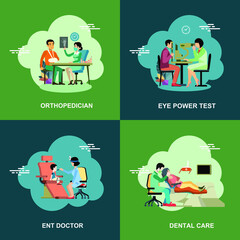 Fototapeta premium Orthopedician, dental care, ENT doctor, eye power test flat vector concept collection design set