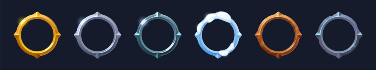 Set of round ui game frames, textured circles made of silver, gold, metal with snow, wood or stone materials Cartoon circular empty borders, isolated graphic design gui elements, Vector illustration © klyaksun