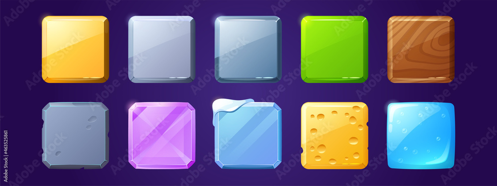 Poster square buttons with metal, wooden and water textures for ui game design. vector cartoon set of gloss