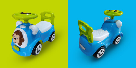 Toddler Car - Small Size, Isolated on Green and Blue background - obrazy, fototapety, plakaty