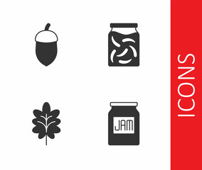 Set Jam jar, Acorn, Leaf and Pickled cucumbers in icon. Vector