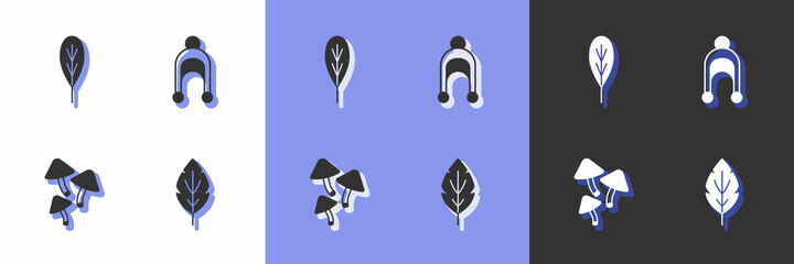 Set Leaf, Mushroom and Winter hat icon. Vector