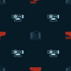 Set Cloud or online library, Online quiz, test, survey and Web camera on seamless pattern. Vector