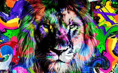 Poster colorful artistic lion muzzle with bright paint splatters on dark background. © reznik_val