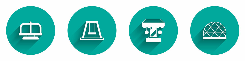 Set Attraction carousel, Swing for kids, and Playground climbing equipment icon with long shadow. Vector