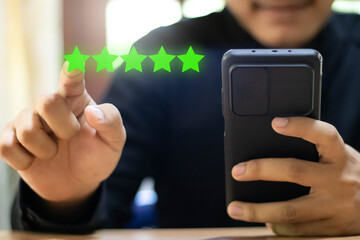 Customer evaluation feedback. men Giving Positive Review for Client's Satisfaction Surveys. giving a five star rating. Service rating, satisfaction concept, Customer Experience for good services.