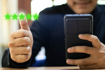 Customer evaluation feedback. men Giving Positive Review for Client's Satisfaction Surveys. giving a five star rating. Service rating, satisfaction concept, Customer Experience for good services.