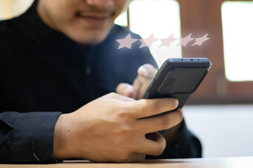 Customer evaluation feedback. men Giving Positive Review for Client's Satisfaction Surveys. giving a five star rating. Service rating, satisfaction concept, Customer Experience for good services.