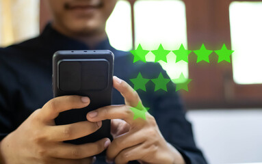 Customer evaluation feedback. men Giving Positive Review for Client's Satisfaction Surveys. giving a five star rating. Service rating, satisfaction concept, Customer Experience for good services.