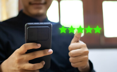Customer evaluation feedback. men Giving Positive Review for Client's Satisfaction Surveys. giving a five star rating. Service rating, satisfaction concept, Customer Experience for good services.