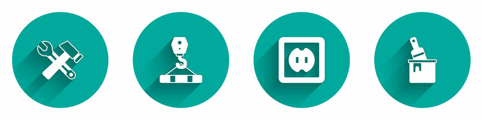 Set Hammer and wrench spanner, Crane hook, Electrical outlet and Paint bucket with brush icon with long shadow. Vector