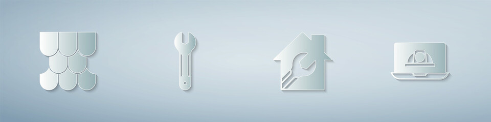 Set Roof tile, Wrench spanner, House with wrench and Worker safety helmet. Paper art style. Vector