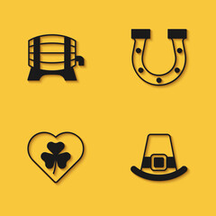 Set Wooden barrel on rack, Leprechaun hat, Heart with clover trefoil leaf and Horseshoe icon with long shadow. Vector