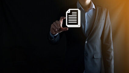 Businessman man holding a document icon in his hand Document Management Data System Business...