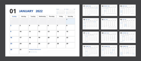 2022 calendar planner set for template corporate design week start on Sunday.