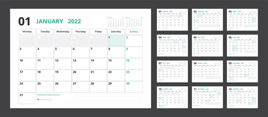 2022 calendar planner set for template corporate design week start on Monday.