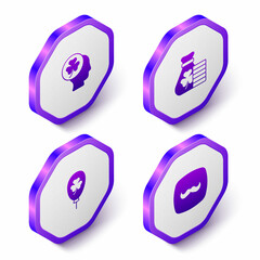 Set Isometric Head with clover trefoil leaf, Money bag, Balloon and Mustache icon. Purple hexagon button. Vector