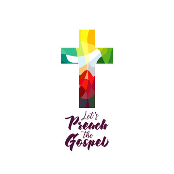Christian church mission icon concept. Religious stained-glass style coloful cross web sign. Creative logo idea. Isolated abstract graphic design template. Brushing lettering Let's Preach The Gospel.