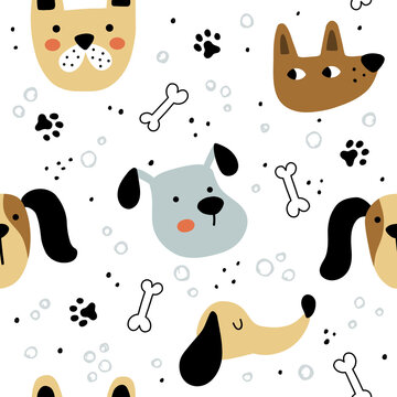 vector seamless pattern with cute dogs heads