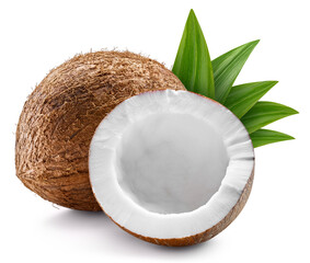 Coconut and leaves, isolated on white background. Full depth of field. Coconut With clipping path