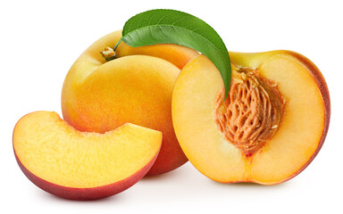 Juicy peach isolated on the white background. Fresh peach and leaf. Clipping path peach. Peach macro studio photo