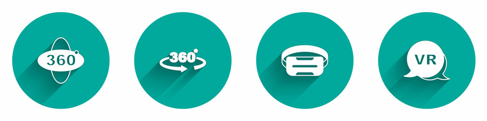 Set 360 degree view, Virtual reality glasses and icon with long shadow. Vector