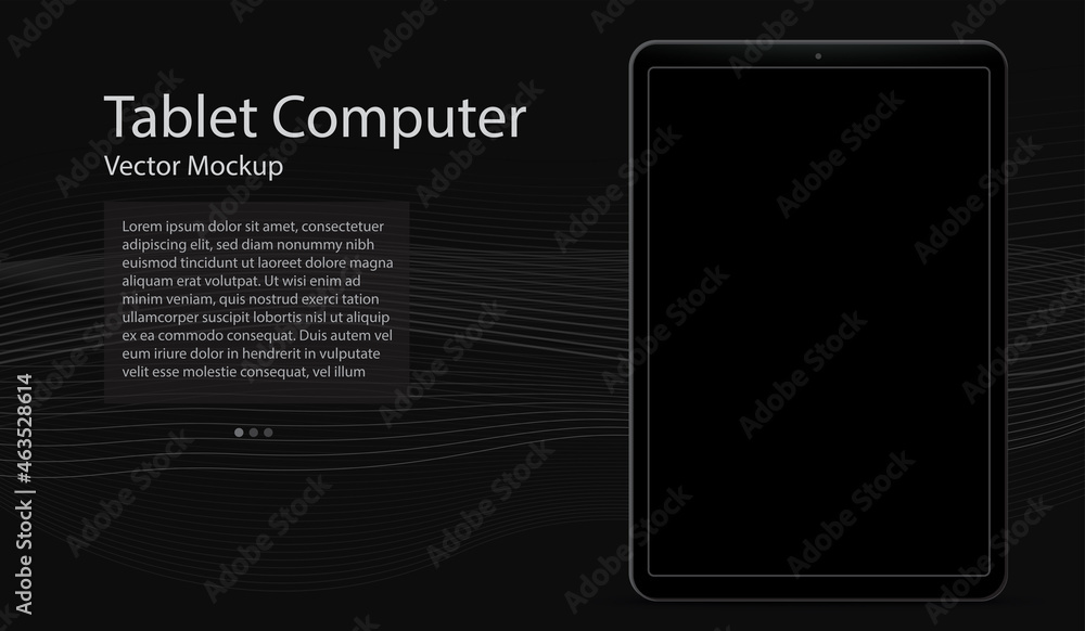 Poster tablet computer vector mockup template with black screen and dark colored abstract background.